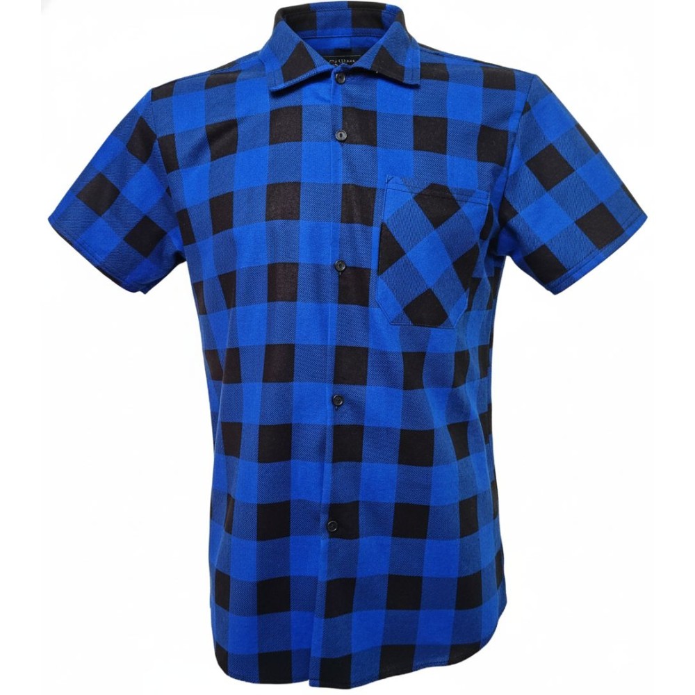 Koszula flanelowa krótki rękaw niebiesko czarna Standard